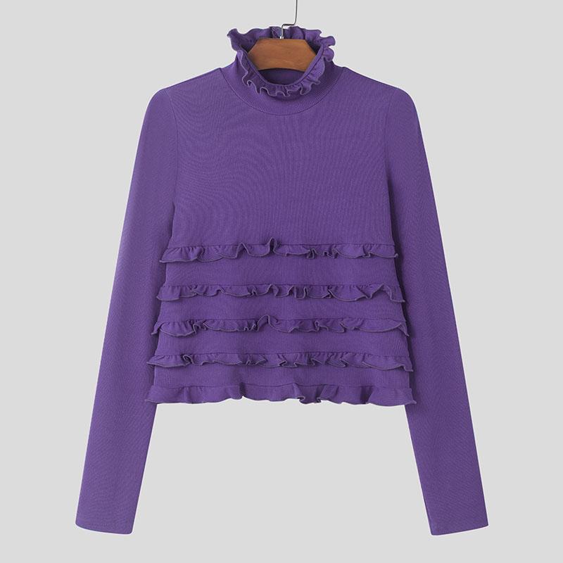 INCERUN Herren Rollkragen Langarm Rüschen Figurbetont Kurze Tops Unterhemden M violett von Joom DACH