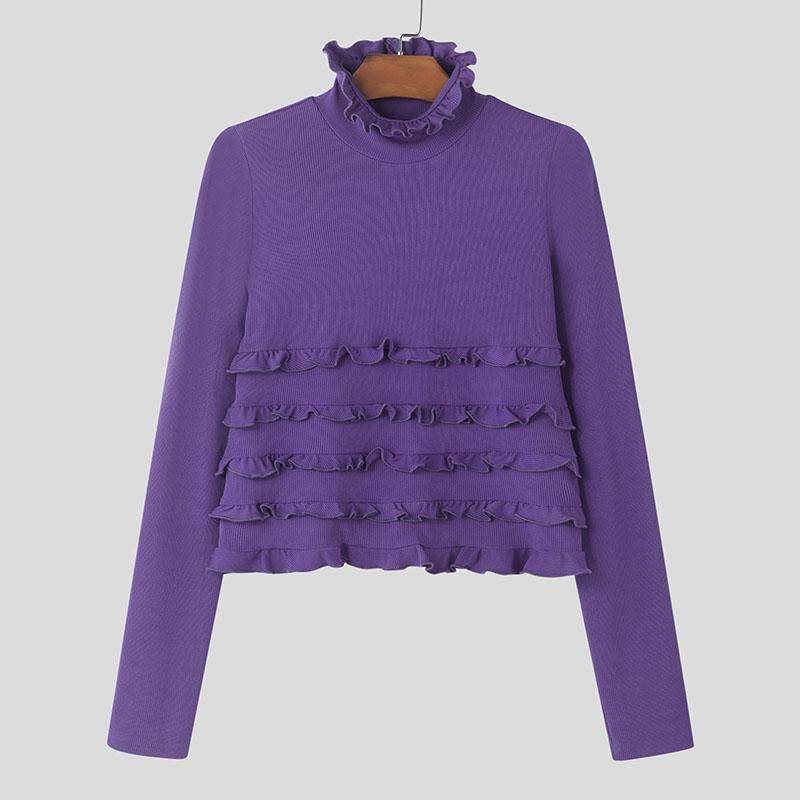 INCERUN Herren Rollkragen Langarm Rüschen Figurbetont Kurze Tops Unterhemden M violett von Joom DACH