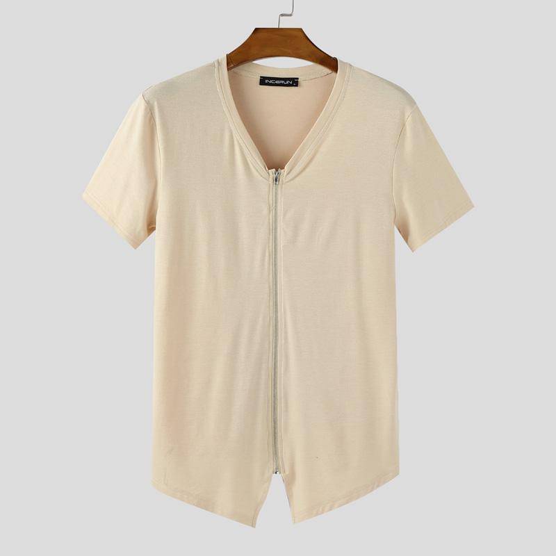INCERUN Herren V-Ausschnitt Reißverschluss Kurzarm Unregelmäßig Lässig Figurbetont T-Shirts M apricot von Joom DACH