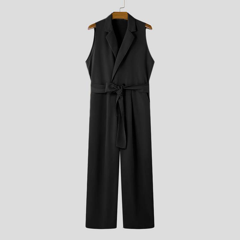 INCERUN Männer Revers V-Ausschnitt Einfarbig Jumpsuits Casual Reißverschluss Lange Strampler 5XL schwarz von Joom DACH