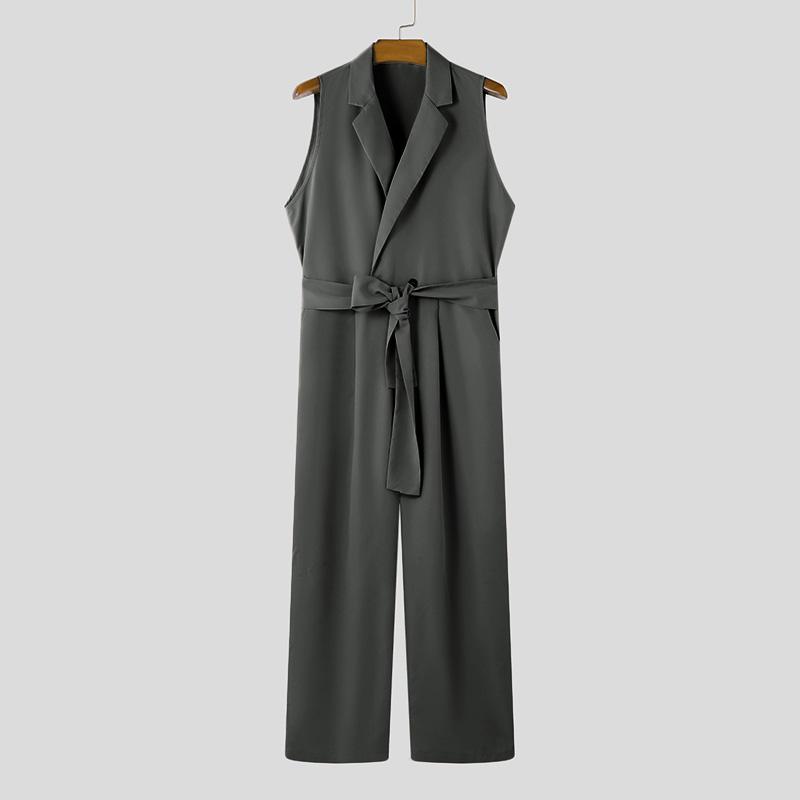 INCERUN Männer Revers V-Ausschnitt Einfarbig Jumpsuits Casual Reißverschluss Lange Strampler XL von Joom DACH