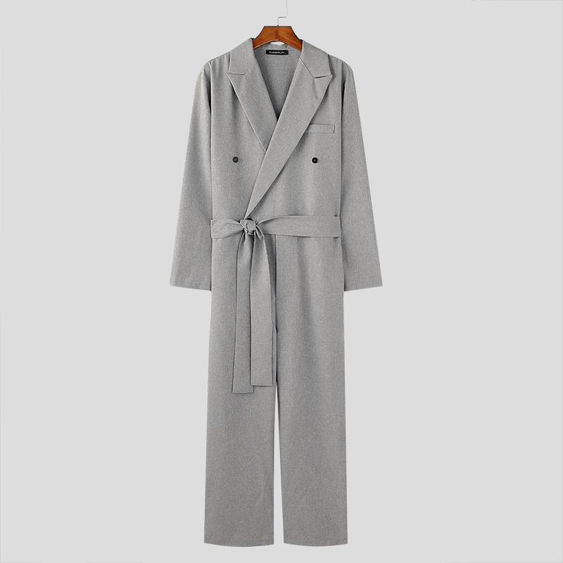 INCERUN Männer Revers V-Ausschnitt Langarm Bandage Jumpsuits Casual Long Zipper Strampler 2XL graue von Joom DACH