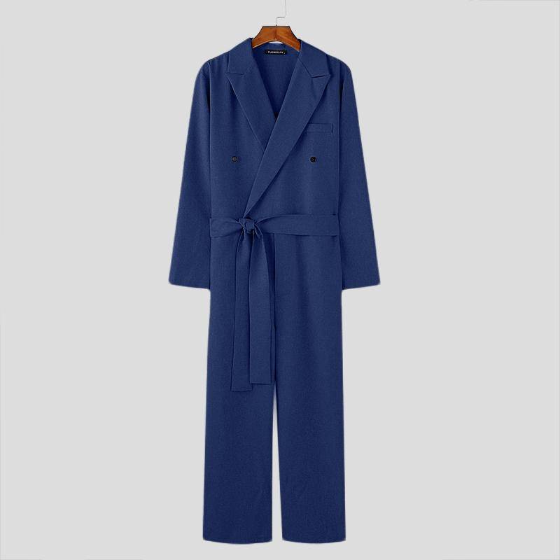 INCERUN Männer Revers V-Ausschnitt Langarm Bandage Jumpsuits Casual Long Zipper Strampler 3XL blau von Joom DACH