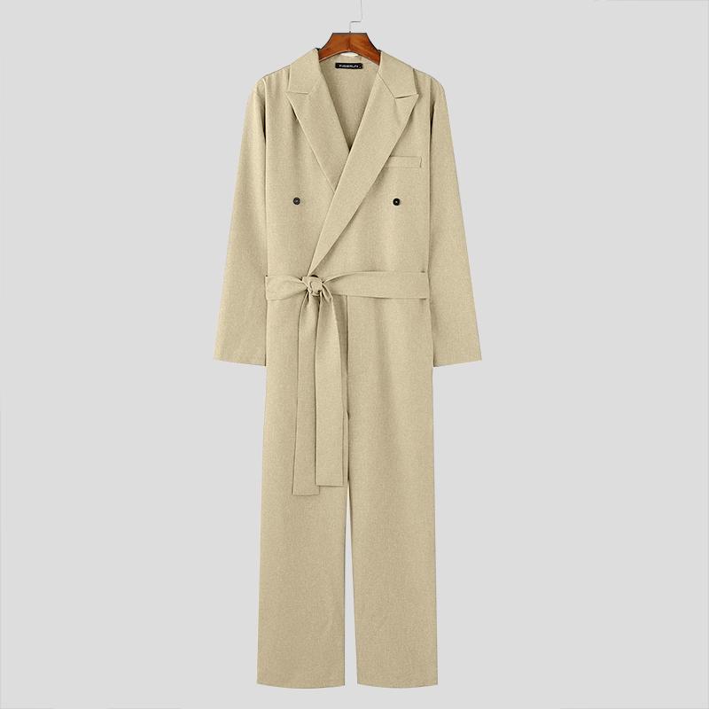 INCERUN Männer Revers V-Ausschnitt Langarm Bandage Jumpsuits Casual Long Zipper Strampler M beige von Joom DACH