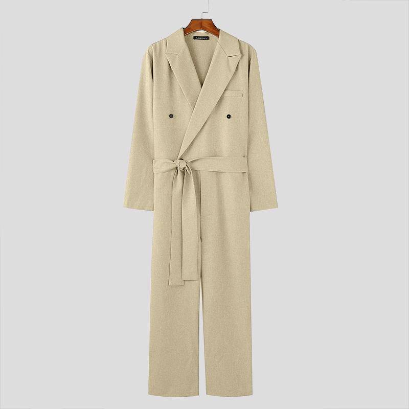 INCERUN Männer Revers V-Ausschnitt Langarm Bandage Jumpsuits Casual Long Zipper Strampler M beige von Joom DACH