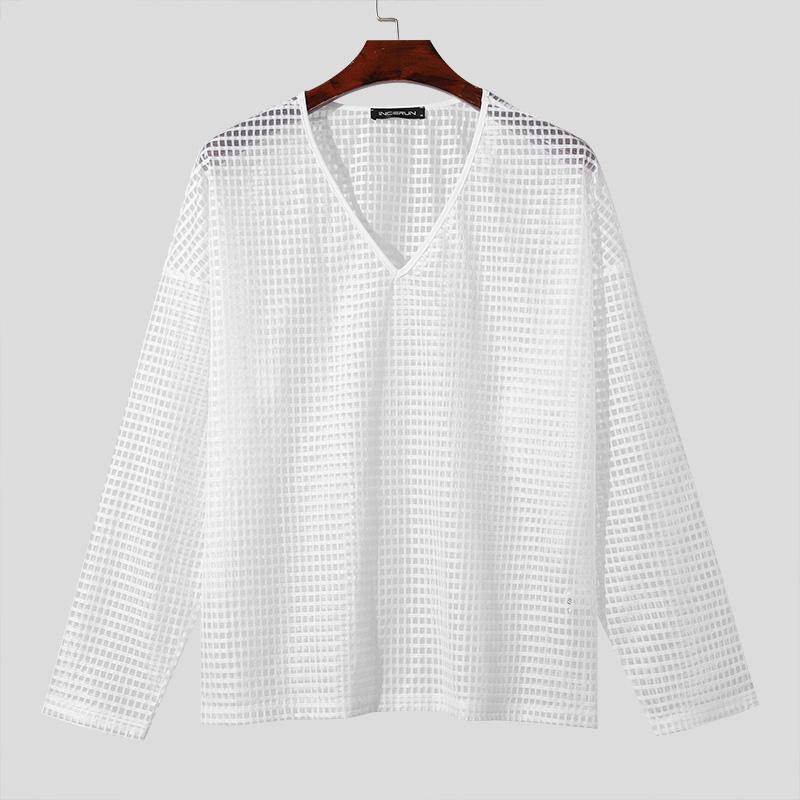 INCERUN Männer V-Ausschnitt Langarm Netz Tops Durchsichtige Tops 5XL weiß von Joom DACH