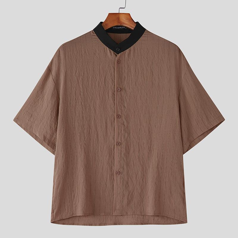 INCERUN Herren Splicing Kragenlose Kurzarm Gestreifte Freizeithemden 5XL cameo rosa von Joom DACH