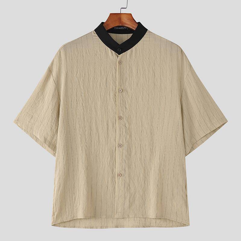 INCERUN Herren Splicing Kragenlose Kurzarm Gestreifte Freizeithemden M apricot von Joom DACH