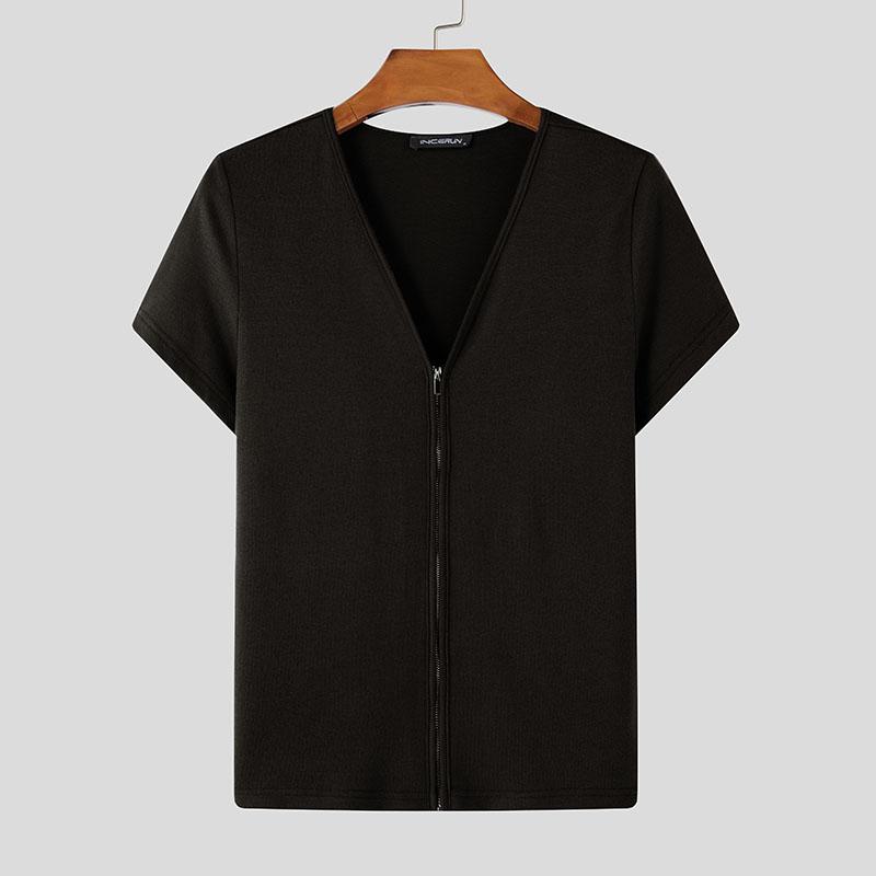 INCERUN Men Summer V Neck Short Sleeve Zip-up Casual Slim T-shirts Tops 3XL schwarz von Joom DACH