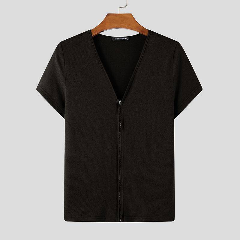 INCERUN Men Summer V Neck Short Sleeve Zip-up Casual Slim T-shirts Tops 3XL schwarz von Joom DACH