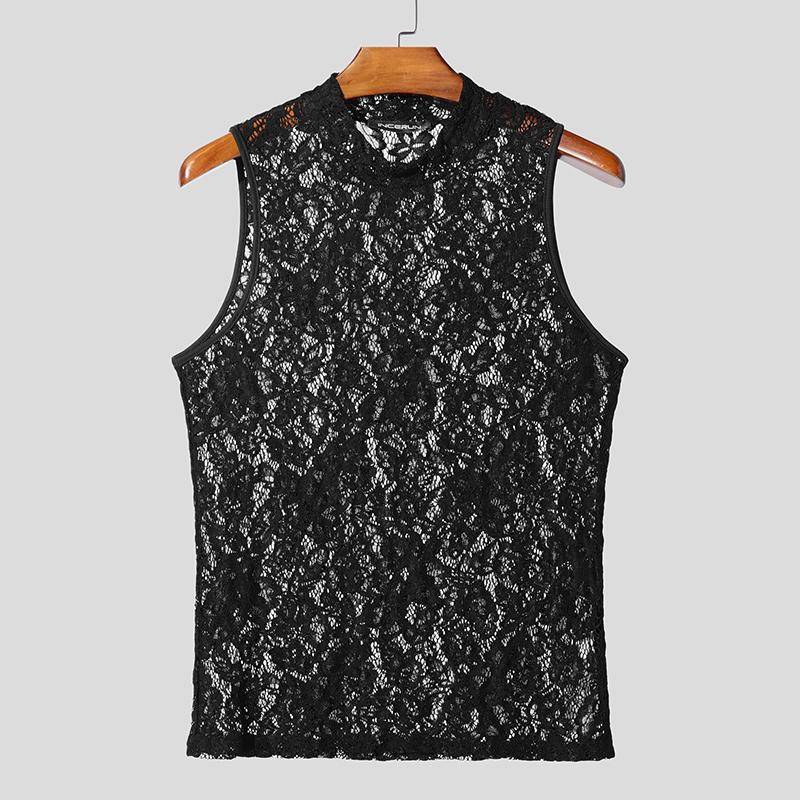 INCERUN Sommer Herren Ärmellos Spitze Durchsichtiges Mesh Sheer Party Tanktops 5XL schwarz von Joom DACH