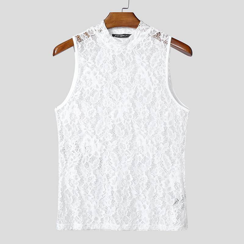INCERUN Sommer Herren Ärmellos Spitze Durchsichtiges Mesh Sheer Party Tanktops S weiß von Joom DACH
