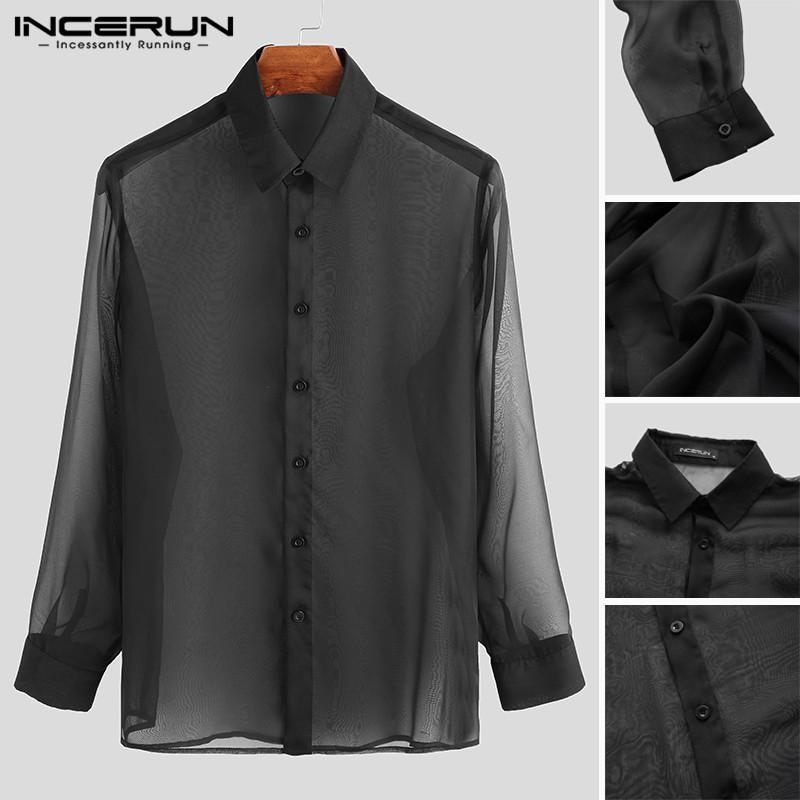 INCERUN Sommer Herren Langarmshirt Dünn Knopf Clubwear Party Schwarz Tops S schwarz von Joom DACH