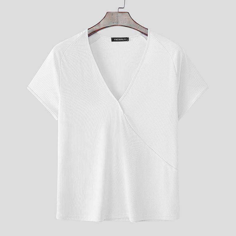 INCERUN Sommer Herren V-Ausschnitt Kurzarm Lässig Figurbetont Ripp Basics Oberteile T-Shirts 2XL weiß von Joom DACH