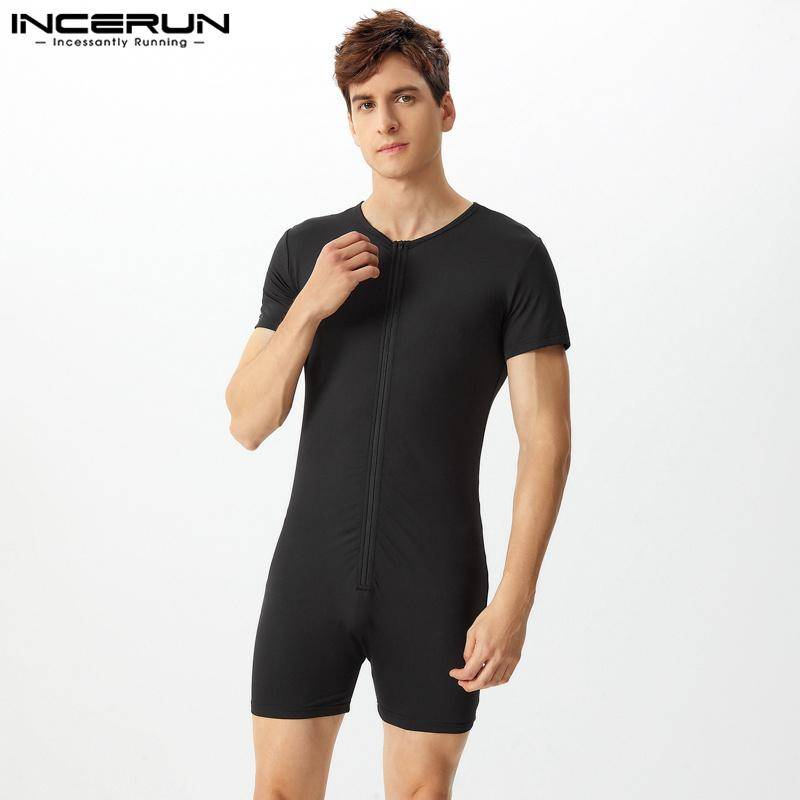 INCERUN Sommer Männer Kurzarm Front Zipper Jumpsuits Nachtwäsche Pyjamas Homewear L schwarz von Joom DACH