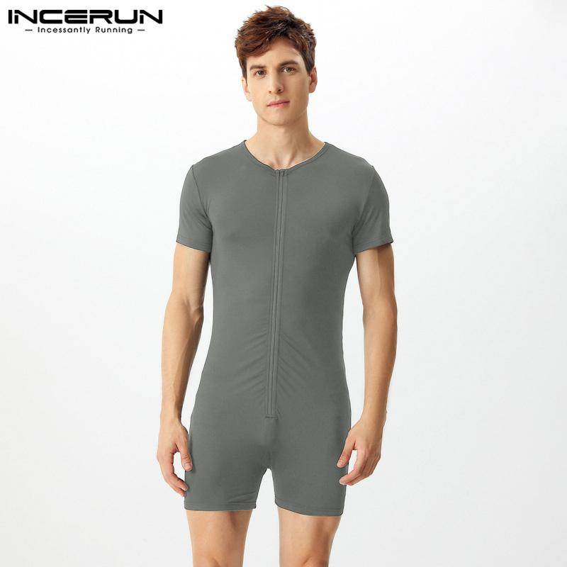 INCERUN Sommer Männer Kurzarm Front Zipper Jumpsuits Nachtwäsche Pyjamas Homewear M grau von Joom DACH