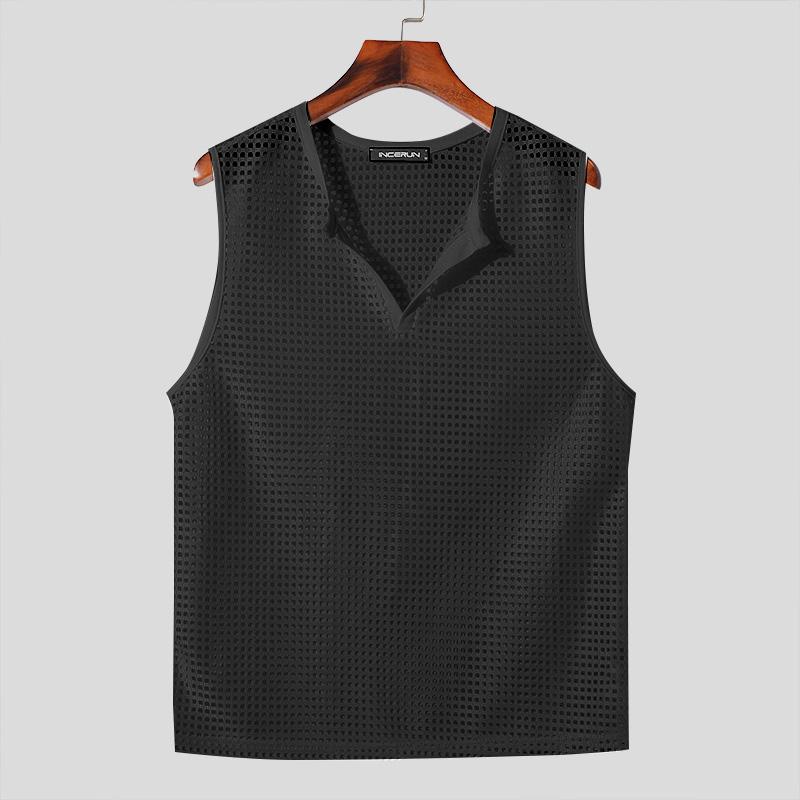 INCERUN Sommer Männer V-Ausschnitt ärmellose Fischnetz aushöhlen karierten Tank-Tops 3XL schwarz von Joom DACH