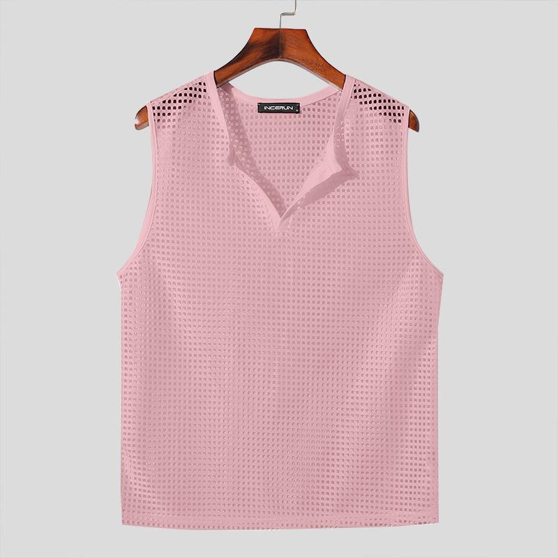 INCERUN Sommer Männer V-Ausschnitt ärmellose Fischnetz aushöhlen karierten Tank-Tops 3XL rosa von Joom DACH
