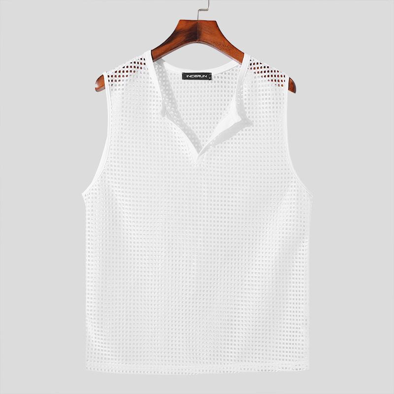 INCERUN Sommer Männer V-Ausschnitt ärmellose Fischnetz aushöhlen karierten Tank-Tops L von Joom DACH