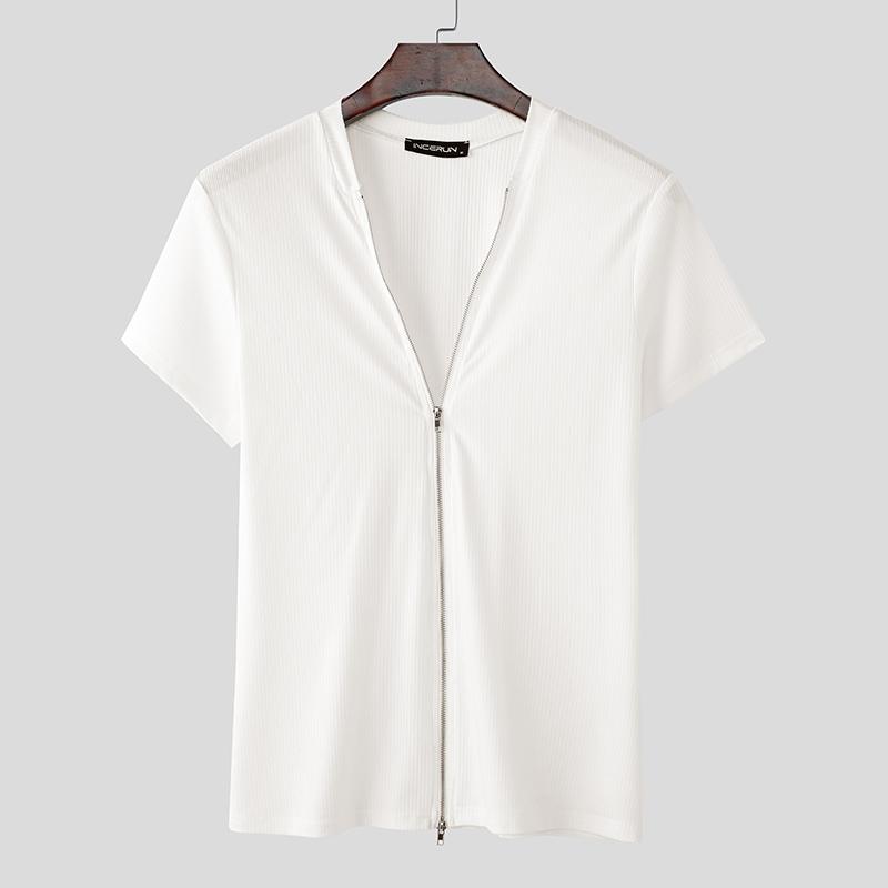 INCERUN Sommer Herren Kurzarm Reißverschluss Lässige Ripp-Figurbetonte T-Shirts Tops 4XL weiß von Joom DACH