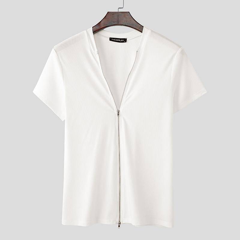 INCERUN Sommer Herren Kurzarm Reißverschluss Lässige Ripp-Figurbetonte T-Shirts Tops 4XL weiß von Joom DACH