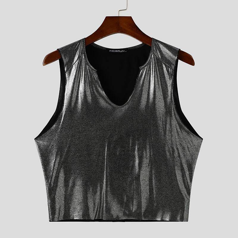 INCERUN Sommer Herren V-Ausschnitt Glitzer Ärmellos Party Clubwear Kurze Tanktops L silber von Joom DACH