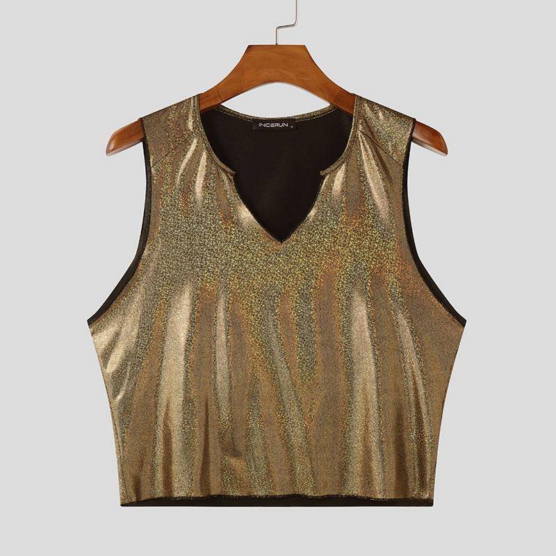 INCERUN Sommer Herren V-Ausschnitt Glitzer Ärmellos Party Clubwear Kurze Tanktops XL gold von Joom DACH