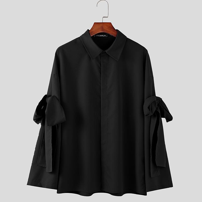 INCERUN Übergroße Herren Revers Langarm Schleife Hemden Lässige Wickeloberteile S schwarz von Joom DACH