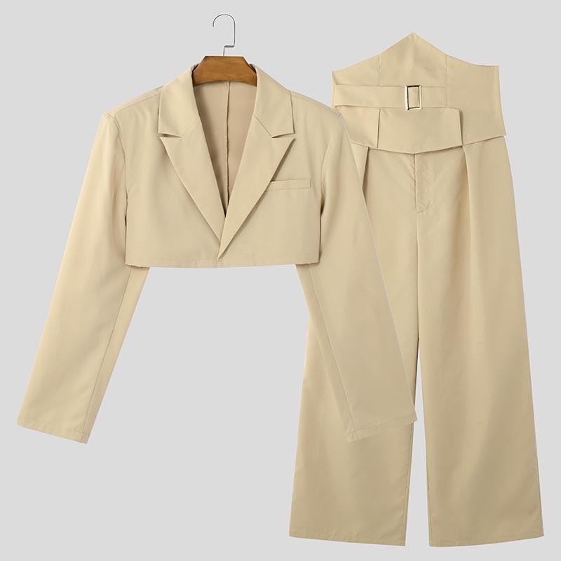 INCERUN Zwei Stücke Outfits Männer Langarm Kurzen Mantel Hohe Taille Lange Gerade S beige von Joom DACH