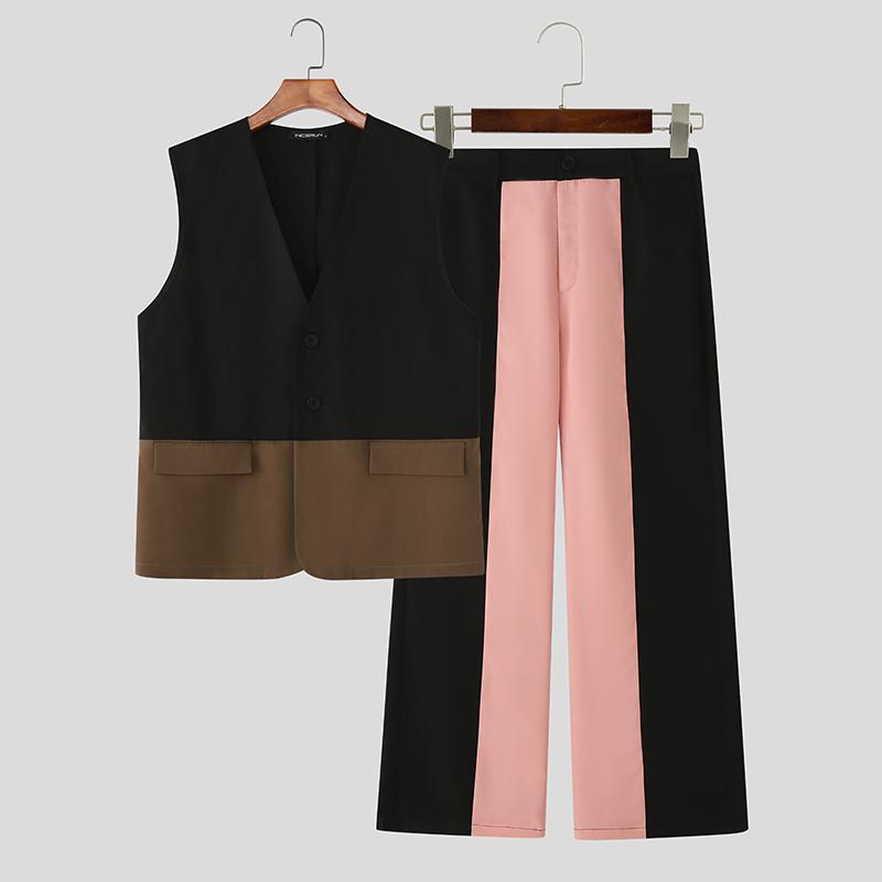 INCERUN Zweiteilige Herren Ärmellose Patchwork Weste und Lange Gerade Hose Sets S schwarz von Joom DACH