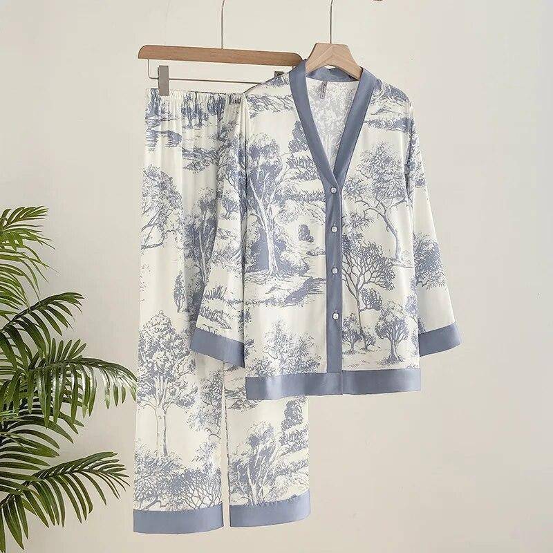 Ice Silk Print Mode Damen Pyjama Set Langarm Anzug Pyjamas XXL blau von Joom DACH