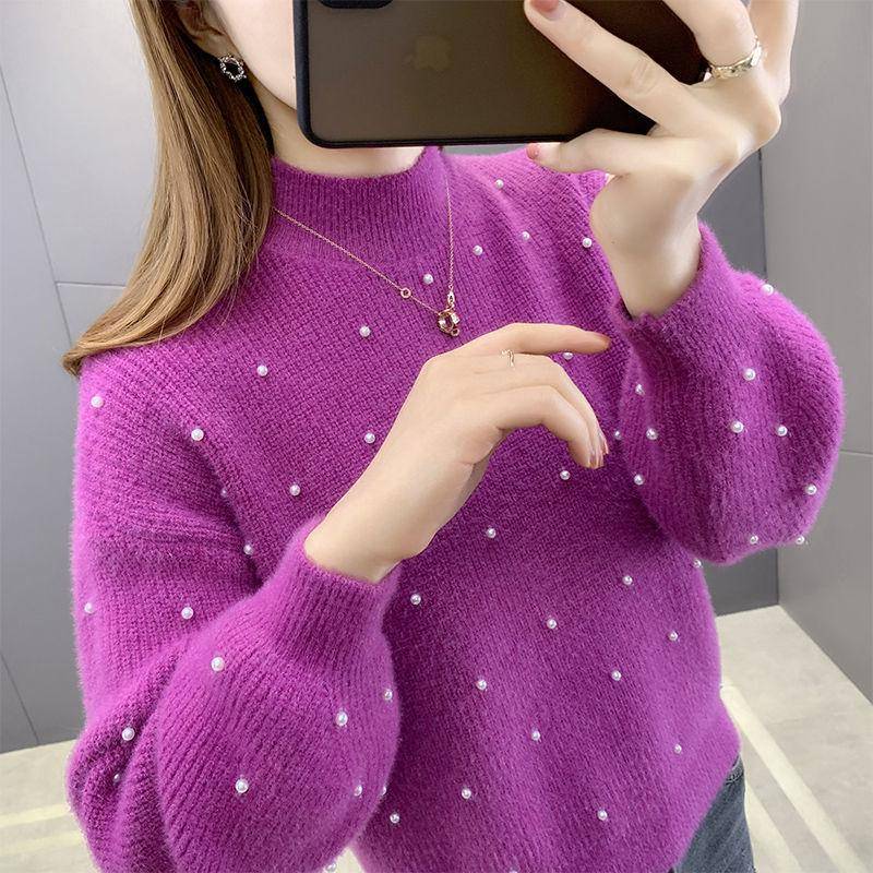 Imitation Nerz Samt Laternenärmel Gestrickter Pullover Damen Winter Lockeres Basic Shirt Kurzes Oberteil 2XL violett von Joom DACH