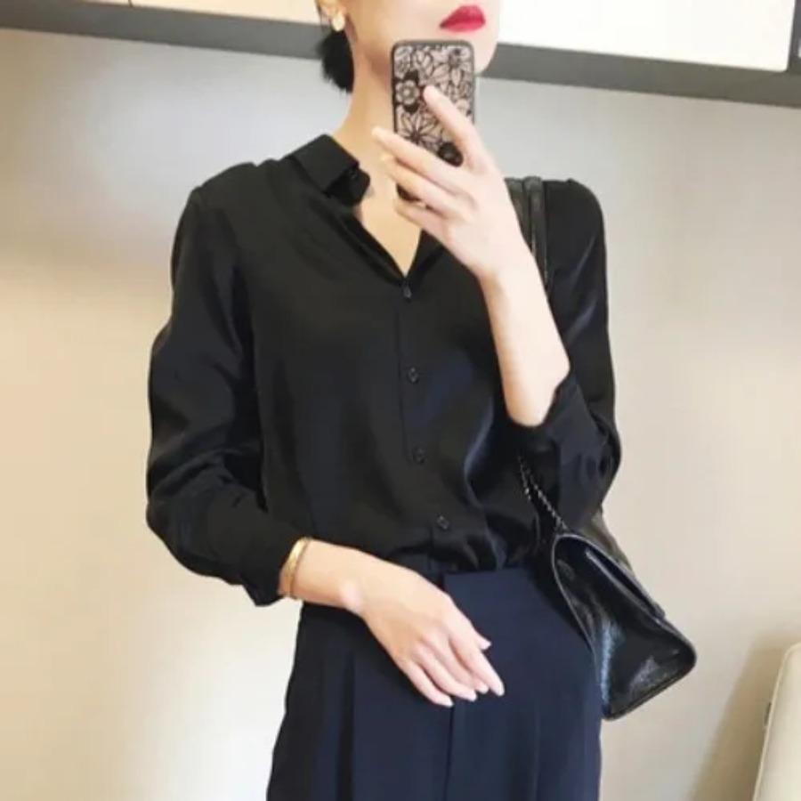 Imitation Seide Langarm Hemd für Frauen Frühling Herbst Satin Bluse Büro Revers Button Up Shirt Weiß Schwarz M von Joom DACH