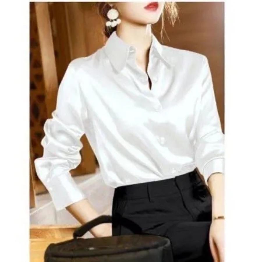 Imitation Seide Langarm Hemd für Frauen Frühling Herbst Satin Bluse Büro Revers Button Up Shirt Weiß Schwarz S weiß von Joom DACH