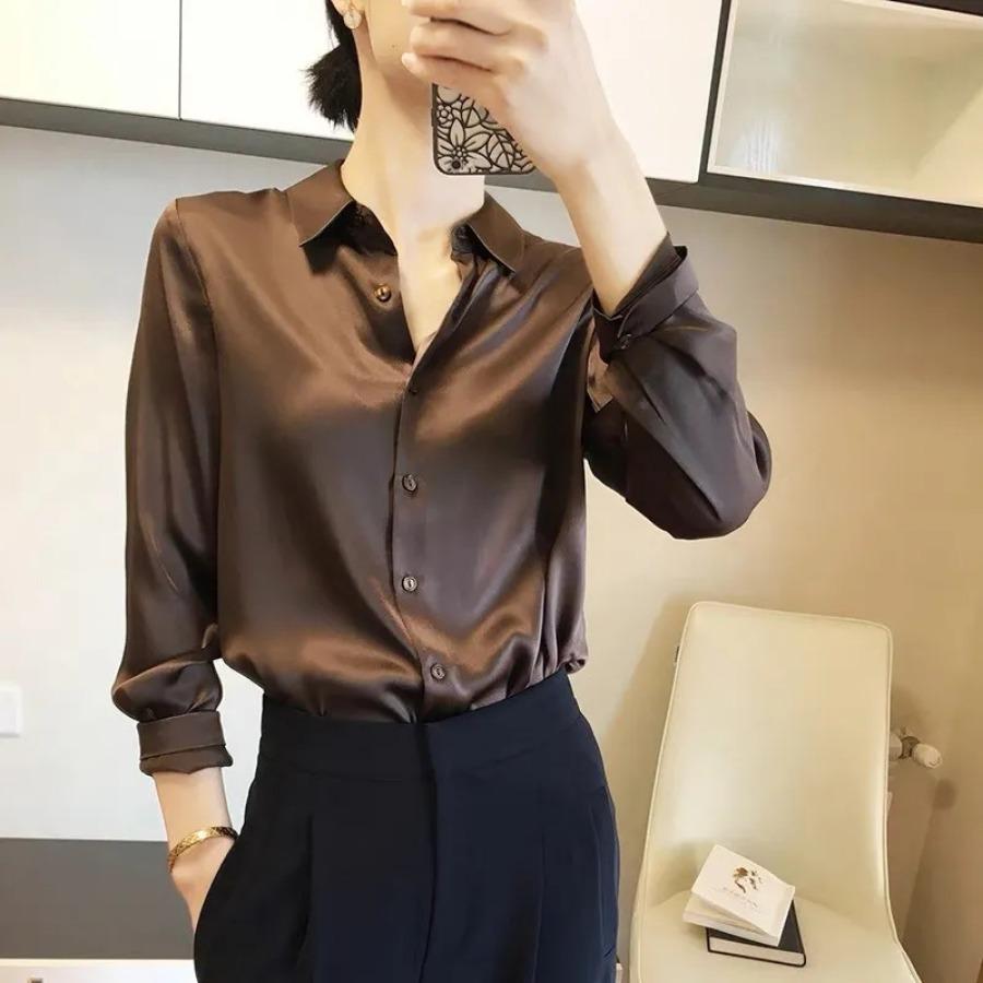 Imitation Seide Langarm Hemd für Frauen Frühling Herbst Satin Bluse Büro Revers Button Up Shirt Weiß Schwarz XL kaffeebraun von Joom DACH