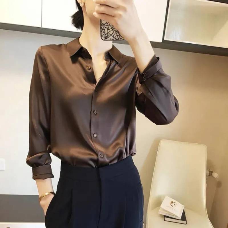 Imitation Seide Langarm Hemd für Frauen Frühling Herbst Satin Bluse Büro Revers Button Up Shirt Weiß Schwarz XL kaffeebraun von Joom DACH