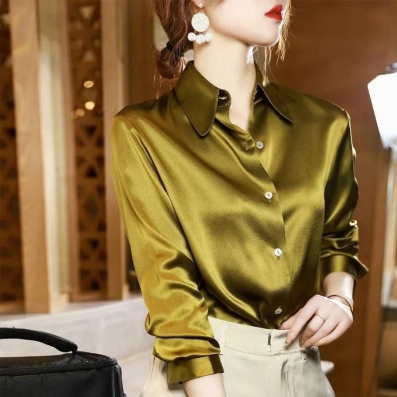 Imitation Seide Langarm Hemd für Frauen Frühling Herbst Satin Bluse Büro Revers Button Up Shirt Weiß Schwarz XXL hellgrüne von Joom DACH