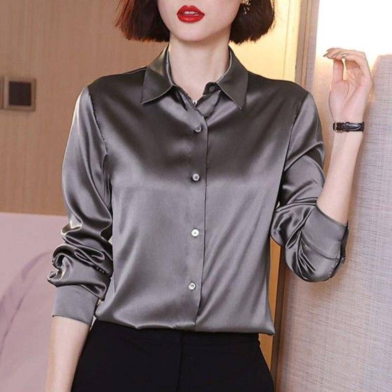 Imitation Seide Langarm Hemd für Frauen Frühling Herbst Satin Bluse Büro Revers Button Up Shirt Weiß Schwarz XXL kaffeebraun von Joom DACH