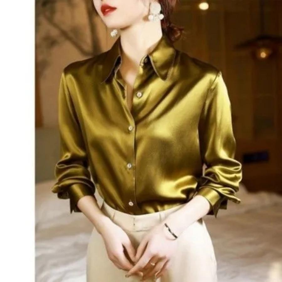 Imitation Seide Langarm Hemd für Frauen Frühling Herbst Satin Bluse Büro Revers Button Up Shirt Weiß Schwarz XXL von Joom DACH