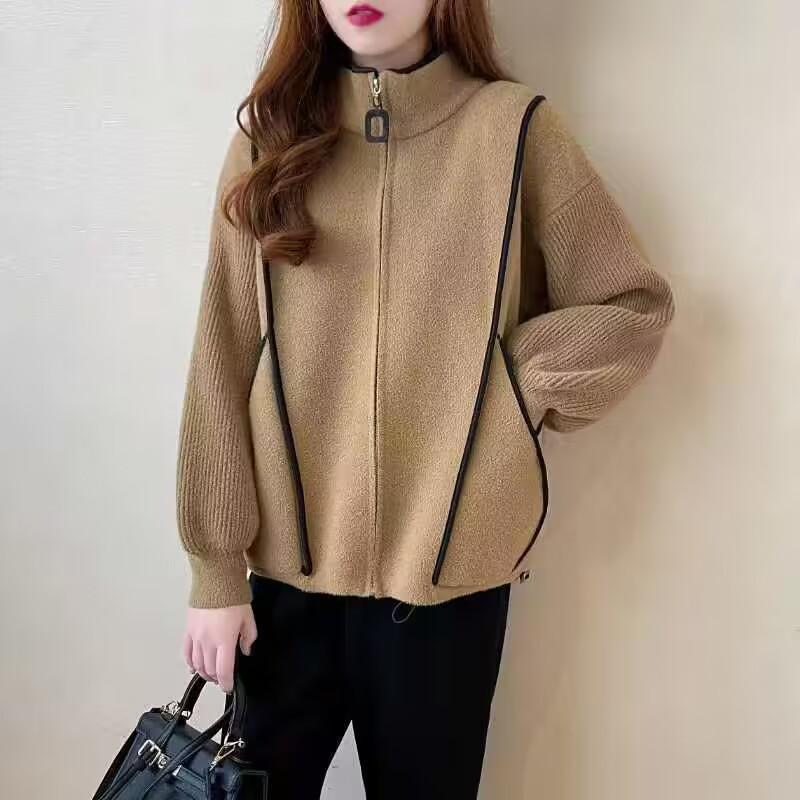 Imitations-Doppelstrickjacke Damen Reißverschluss Baseballjacke Kurz Dick Übergroße Strickjacke Locker Geschnitten One size khaki von Joom DACH