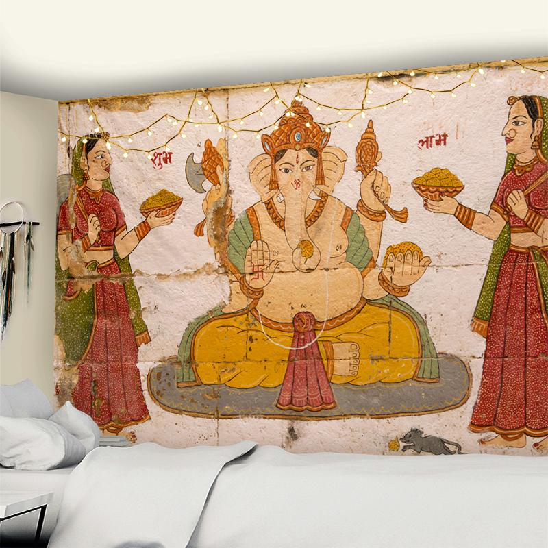 Indischer Gott Ganesha Kunst Wandteppich Lord Ganesha Vinayaka Ganapati Statue Buddha Malerei Religion Kunst Goldener Elefant Dekor 95x70CM von Joom DACH