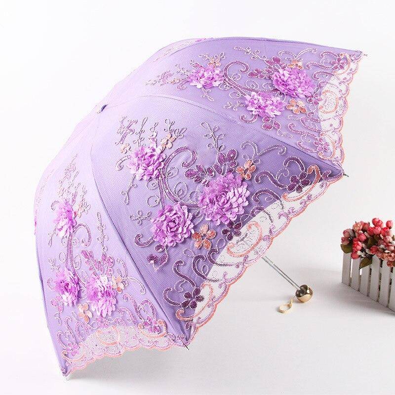 Ins Spitze Blumenmuster Prinzessin Regenschirm Regen Frauen UV-Regenschirm für Frauen winddichte 3-Faltschirme violett von Joom DACH