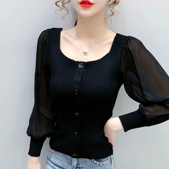 Ins Style Strickshirt Temperament Spitze Puffärmel Eckiger Ausschnitt Kurze Pullover Tops Damen Splicing Bluse 2XL schwarz von Joom DACH