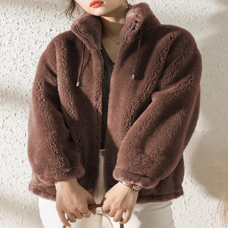 Jacke Damen Tide Winterfleece Verdickt Doppelseitiges Fleece Stehkragen Warmer Pullover 2XL braun von Joom DACH