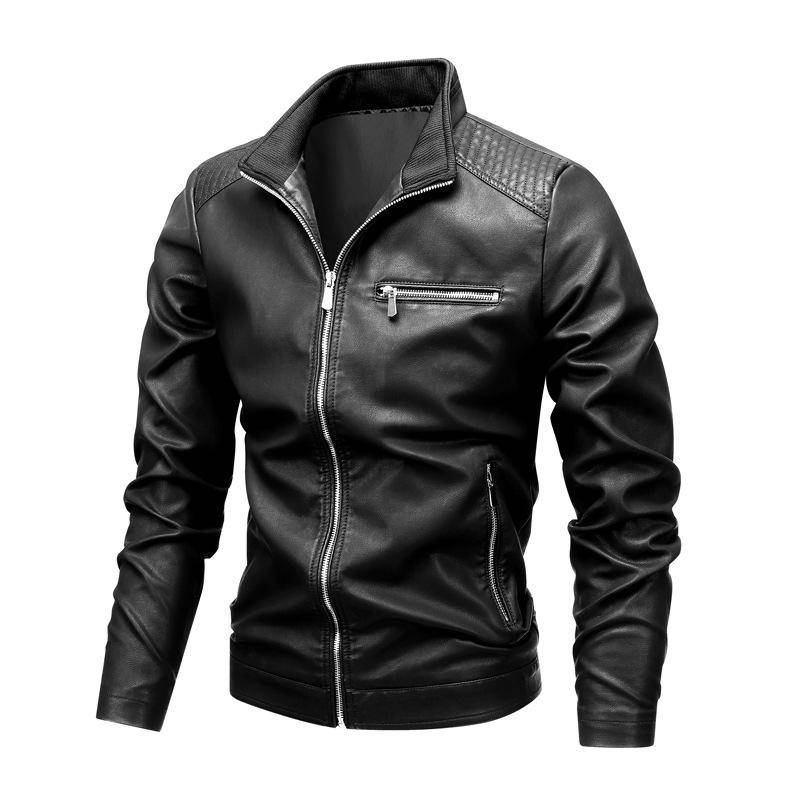 Jacke Stehkragen Lässig Frühling und Herbst Dünn Reißverschluss Slim Herren Motorrad Lederjacke 5XL von Joom DACH