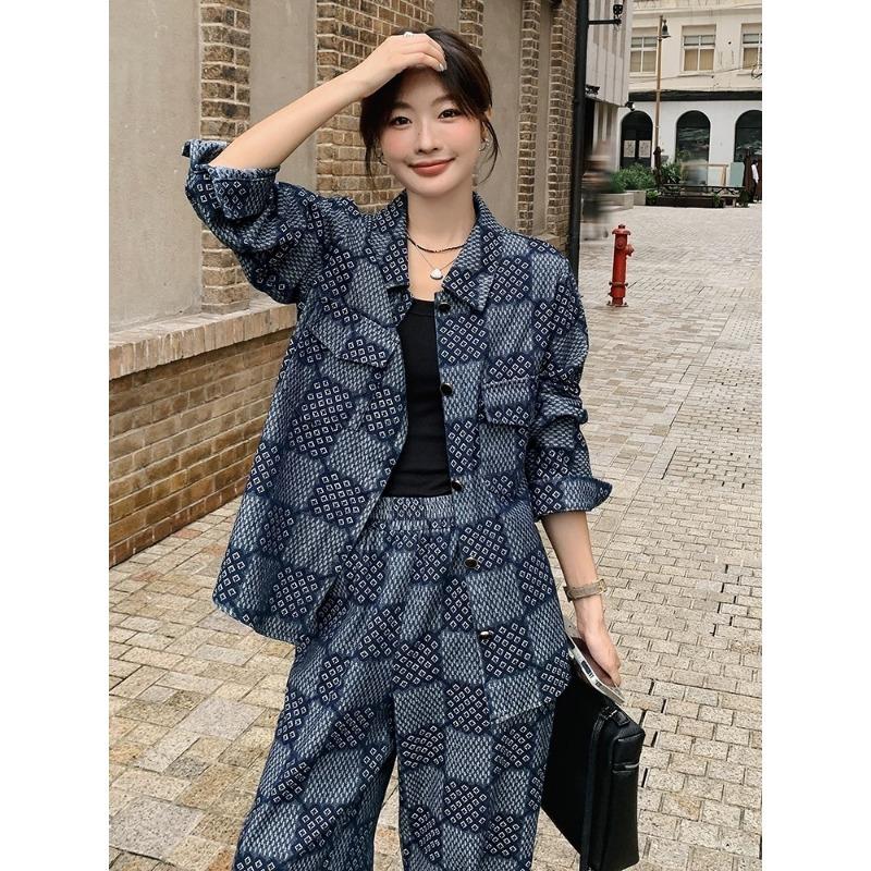 Jacquard-Jeansanzug für Damen, Herbst, neues Oberteil, Hose mit weitem Bein, Freizeitkleidung, zweiteiliges Set XL von Joom DACH