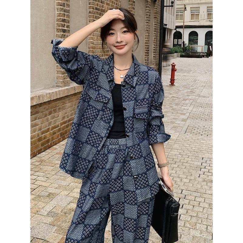 Jacquard-Jeansanzug für Damen, Herbst, neues Oberteil, Hose mit weitem Bein, Freizeitkleidung, zweiteiliges Set XL von Joom DACH