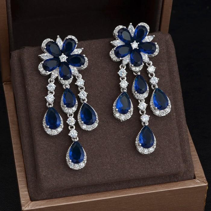 JanKelly Neue Zirkon Ohrringe Weiß Gold-Farbe Rosa Cubic Zirkon Österreichischen Strass Blume Tropfen Ohrring für Frauen JP5045E blau von Joom DACH