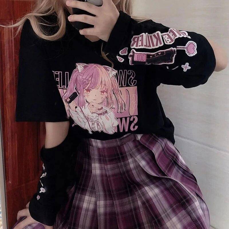 Japanische Anime Print Grafik T-Shirt Frauen Sommer Goth Top Mujer Split Ärmeln Mädchen Y2k Kleidung Ästhetischen Harajuku Kawaii Tees M schwarz von Joom DACH