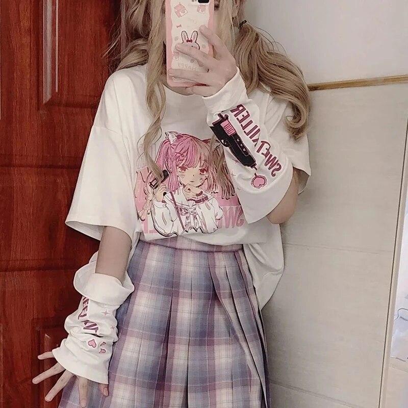 Japanische Anime Print Grafik T-Shirt Frauen Sommer Goth Top Mujer Split Ärmeln Mädchen Y2k Kleidung Ästhetischen Harajuku Kawaii Tees XL weiß von Joom DACH